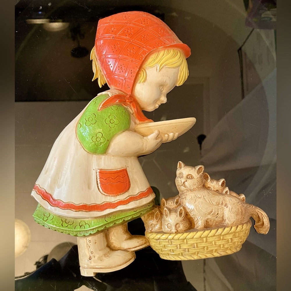 Vintage MCM Retro Homco Girl Feeding Cat Wall Art Decor